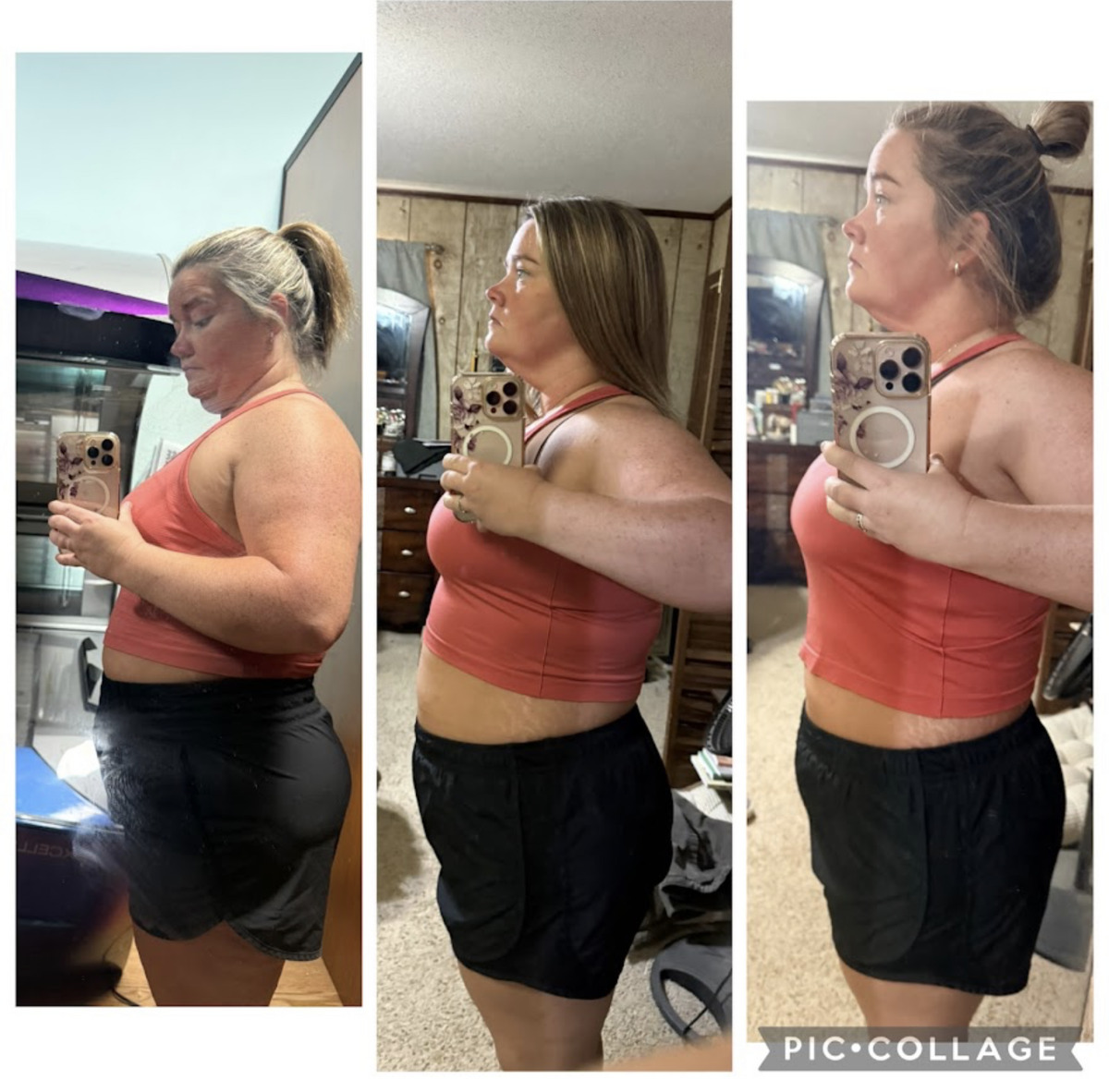 Candace's weight loss progress — three side-by-side photos showing her transformation